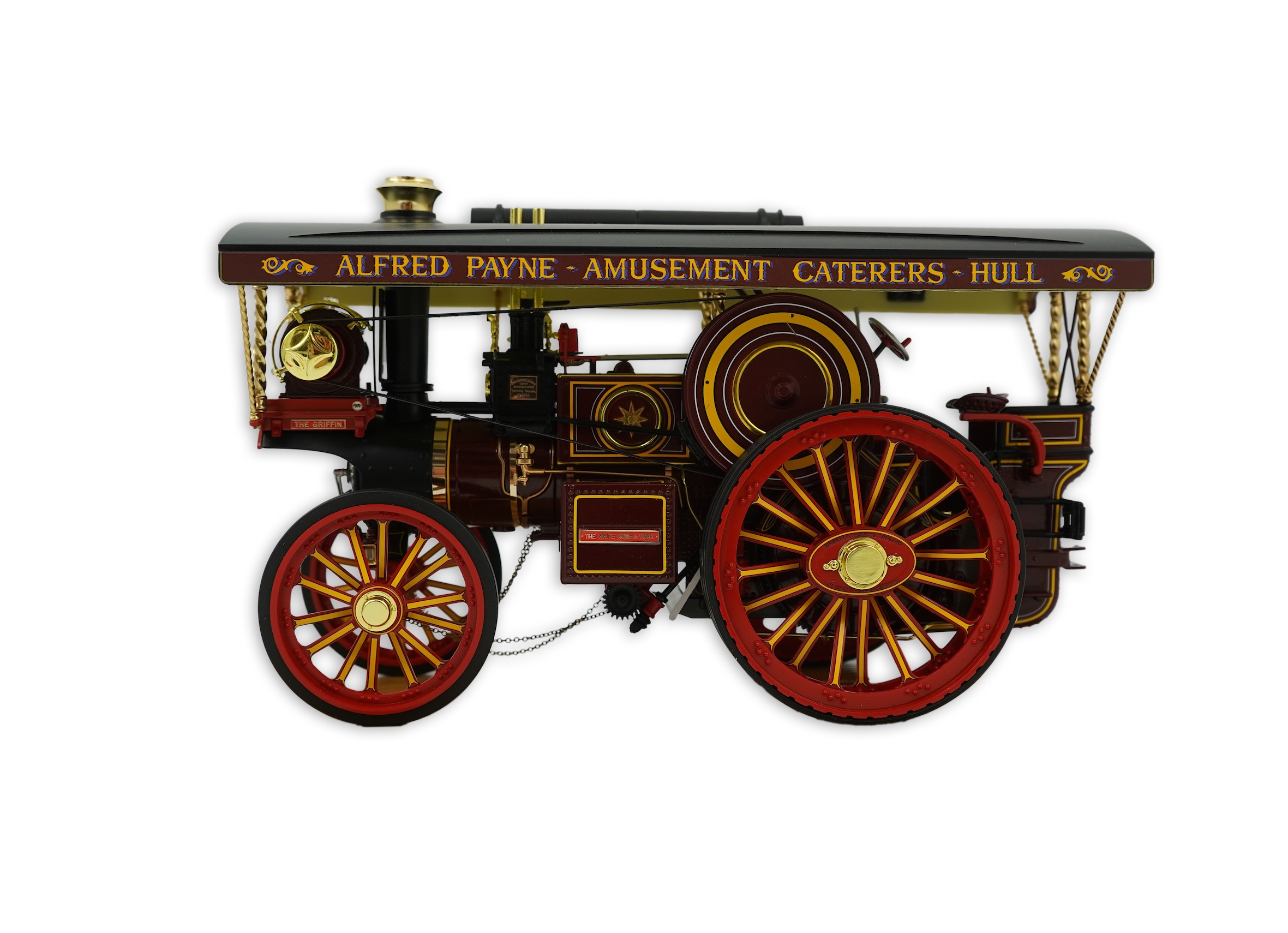 A Midsummer Models Ltd. 1:24 scale model of a Burrell Showman’s Engine, The White Rose of York, in ‘Alfred Payne - Amusement Caterers - Hull’ livery, missing the original card box, but with an oak and Perspex display cas